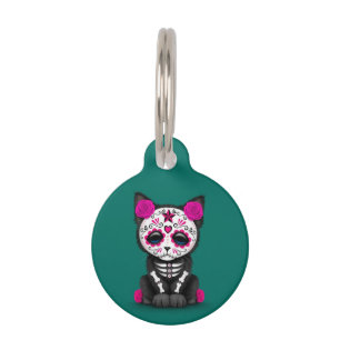 Cute Pink Day of the Dead Kitten Cat, teal blue Pet Tag