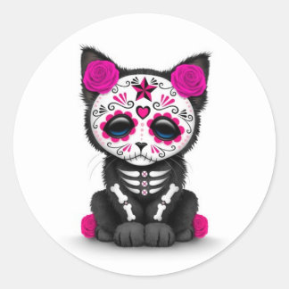 Cute Pink Day of the Dead Kitten Cat, white Classic Round Sticker