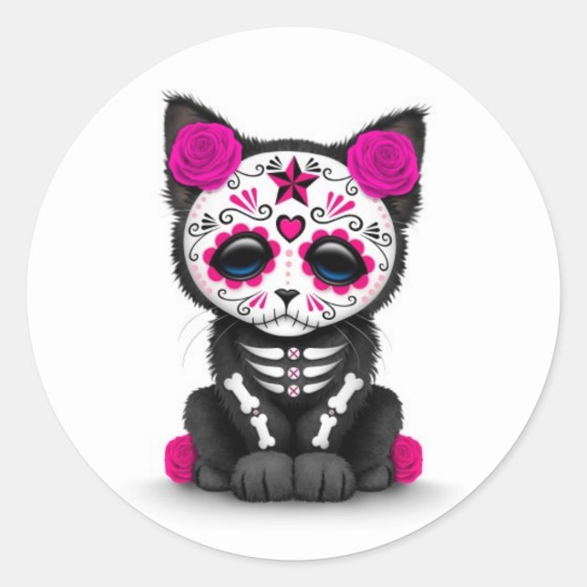 Cute Pink Day of the Dead Kitten Cat, white Classic Round Sticker (Front)