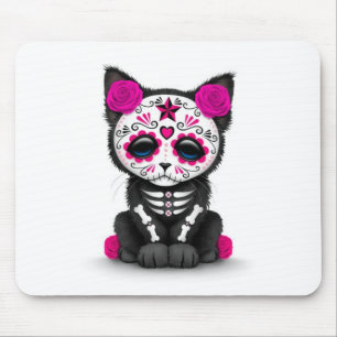 Cute Pink Day of the Dead Kitten Cat, white Mouse Mat