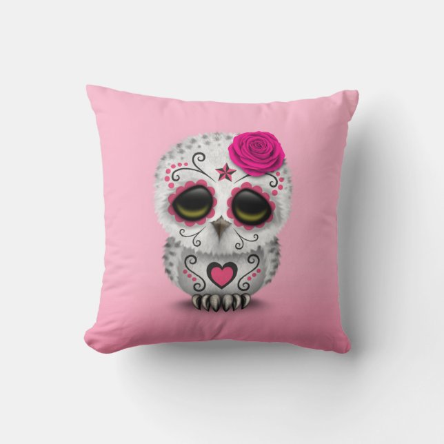 Cute Pink Day of the Dead Sugar Skull Owl Cushion (Front)
