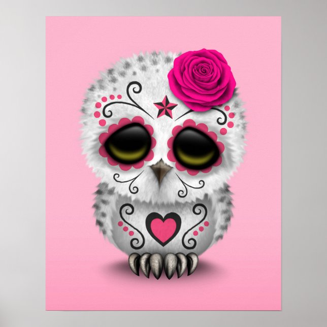 Cute Pink Day of the Dead Sugar Skull Owl Poster (Front)