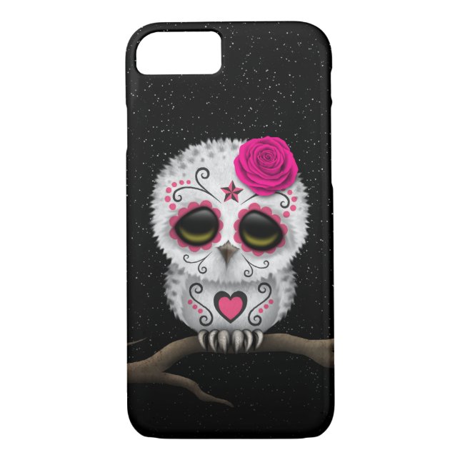 Cute Pink Day of the Dead Sugar Skull Owl Stars Case-Mate iPhone Case (Back)
