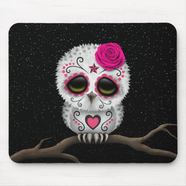 Cute Pink Day of the Dead Sugar Skull Owl Stars Mouse Mat (Front)