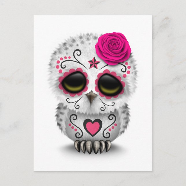 Cute Pink Day of the Dead Sugar Skull Owl White Postcard (Front)