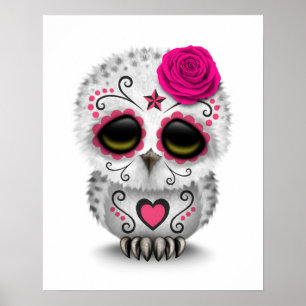 Cute Pink Day of the Dead Sugar Skull Owl White Poster