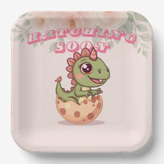 Cute Pink Dino Hatching Soon Paper Plate