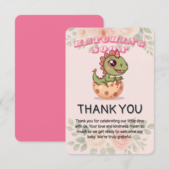 Cute Pink Dino Hatching Soon Thank You Card (Front/Back)
