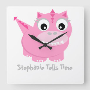 Cute Pink Dino Kawaii Cartoon Square Wall Clock