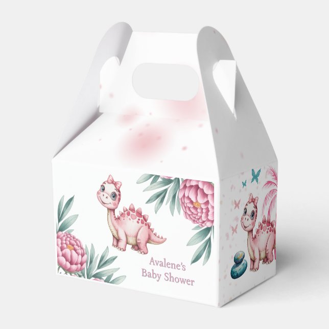 Cute Pink Dinosaur and Peony Baby Shower Favour Box (Front Side)