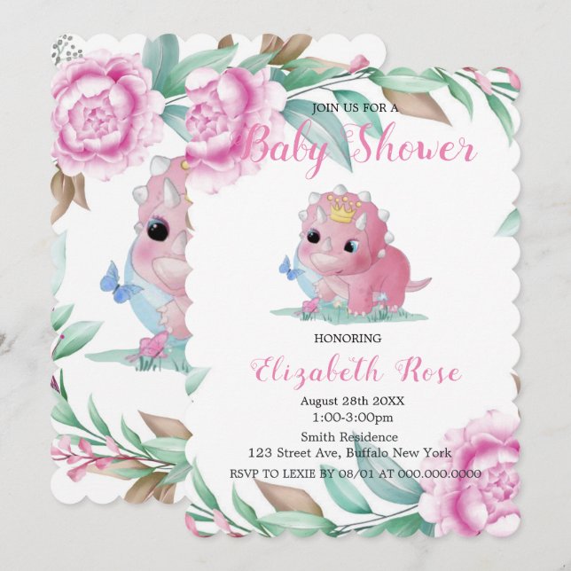 Cute Pink Dinosaur and Peony Baby Shower Invites (Front/Back)