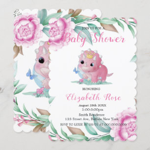 Cute Pink Dinosaur and Peony Baby Shower Invites