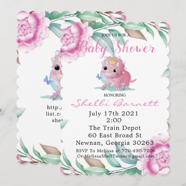 Cute Pink Dinosaur and Peony Baby Shower Invites (Front/Back)