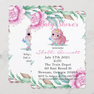 Cute Pink Dinosaur and Peony Baby Shower Invites