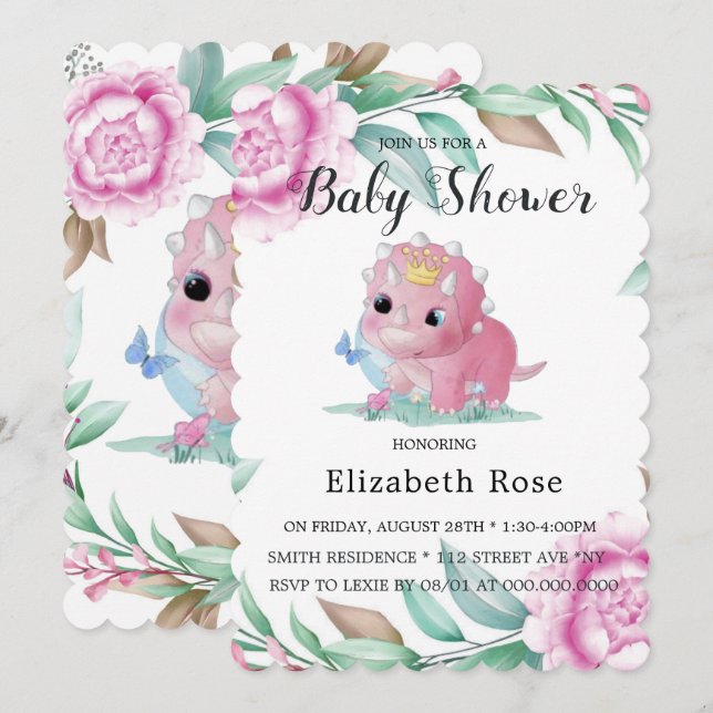 Cute Pink Dinosaur and Peony Baby Shower Invites (Front/Back)