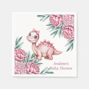 Cute Pink Dinosaur and Peony Baby Shower Napkin