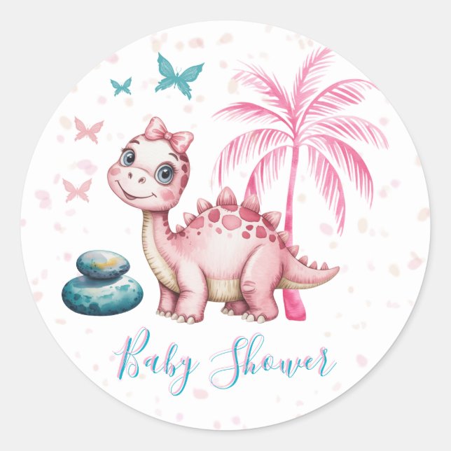 Cute Pink Dinosaur Baby Shower Classic Round Sticker (Front)