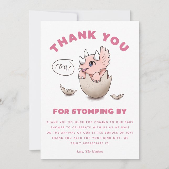 Cute Pink Dinosaur Baby Shower Triceratops Thank You Card (Front)