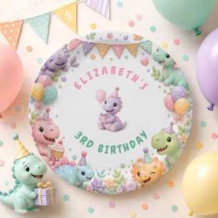 Cute Pink Dinosaur Birthday Party Paper Plate