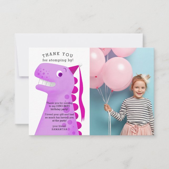 Cute Pink Dinosaur Birthday Party Photo Thank You Card (Front)