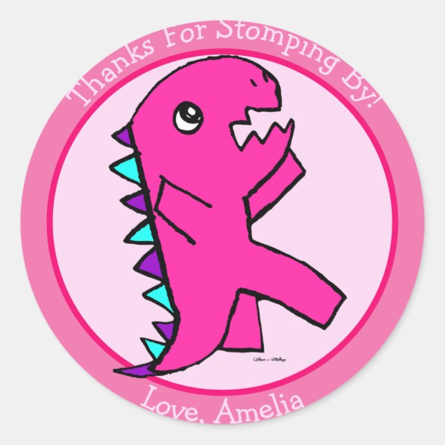 Cute Pink Dinosaur Classic Round Sticker (Front)