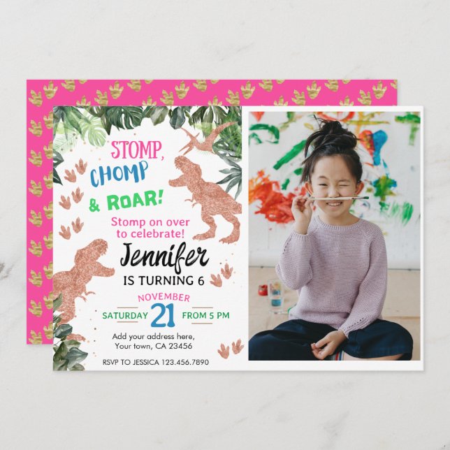 Cute Pink Dinosaur Custom Photo Birthday Invitation (Front/Back)