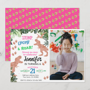 Cute Pink Dinosaur Custom Photo Birthday Invitation
