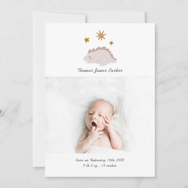 Cute Pink Dinosaur Girl Baby Photo Birth Announcement (Front)