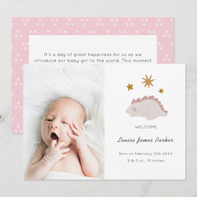 Cute Pink Dinosaur Girl Baby Photo Birth Announcement (Front/Back)