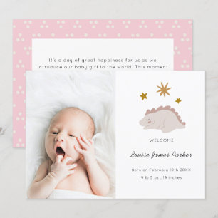 Cute Pink Dinosaur Girl Baby Photo Birth Announcement