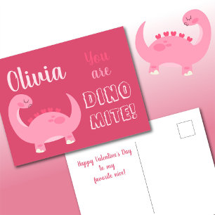 Cute pink dinosaur girl Valentine's Day Dino-Mite Holiday Postcard