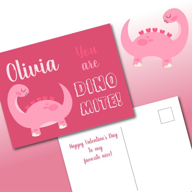Cute pink dinosaur girl Valentine's Day Dino-Mite Holiday Postcard (Creator Uploaded)