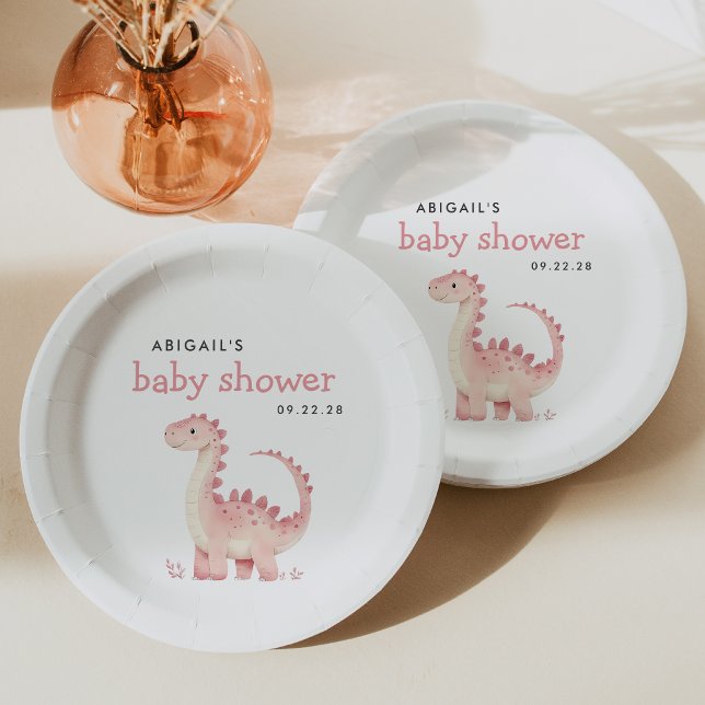 Cute Pink Dinosaur Girls Baby Shower Paper Plate (Creator Uploaded)