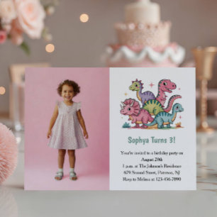 Cute Pink Dinosaur Photo Kids 3rd Birthday Party Invitation