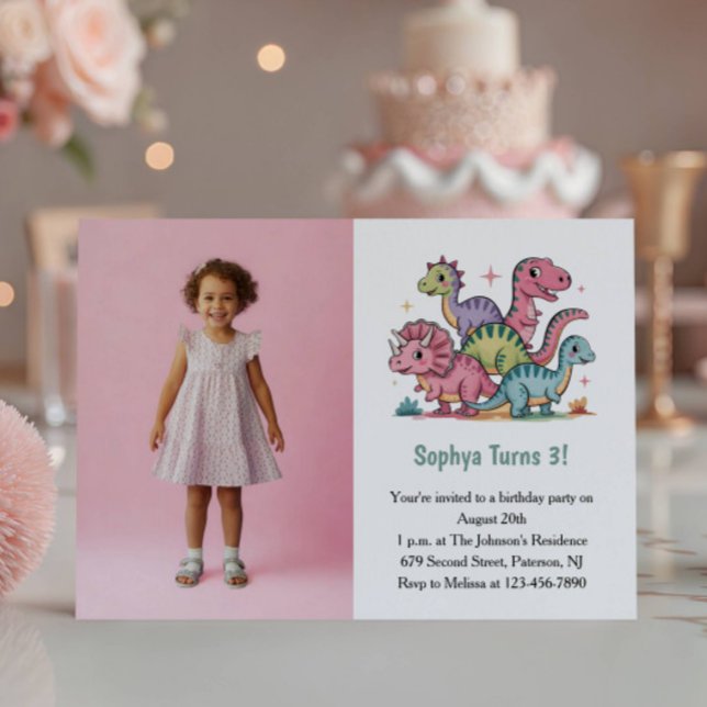 Cute Pink Dinosaur Photo Kids 3rd Birthday Party Invitation (Creator Uploaded)