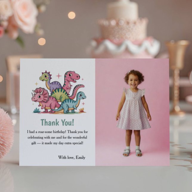 Cute Pink Dinosaur Photo Kids Birthday Party Thank You Card (Creator Uploaded)