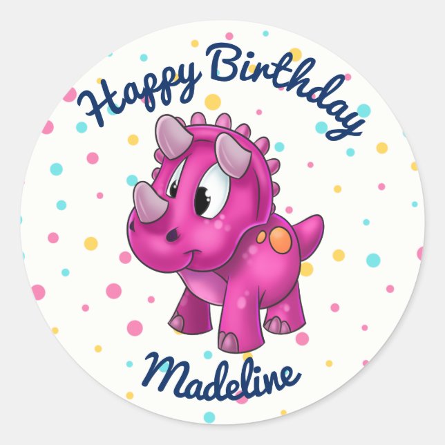 Cute Pink Dinosaur Polkadot Birthday Sticker (Front)