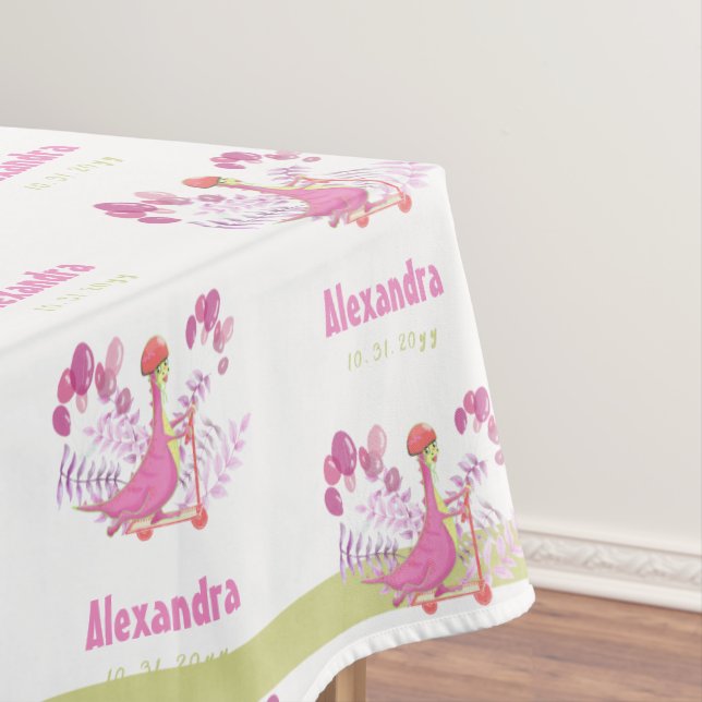 Cute Pink Dinosaur Scooter Balloons Girl Party Tablecloth (In Situ)