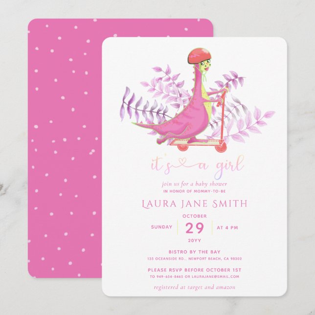 Cute Pink Dinosaur Scooter Girl Baby Shower Party Invitation (Front/Back)