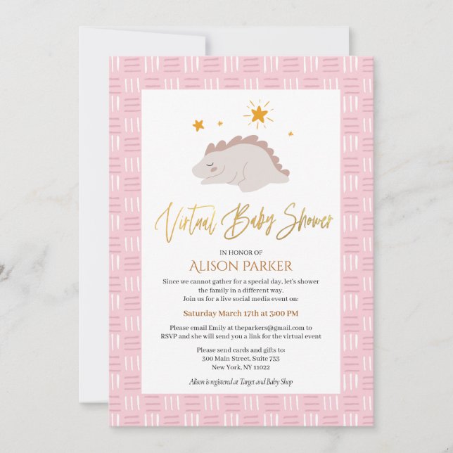 Cute Pink Dinosaur with Stars Virtual Baby Shower Invitation (Front)