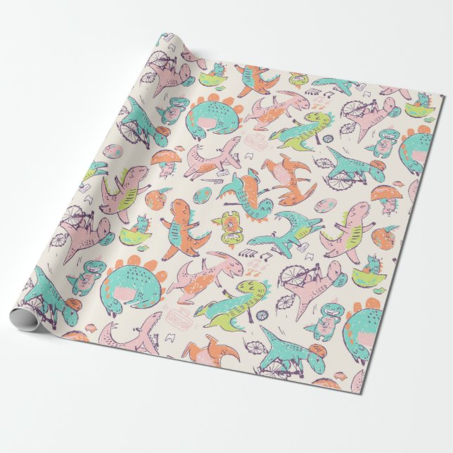 Cute Pink Dinosaurs Whimsical Pattern Wrapping Paper (Unrolled)