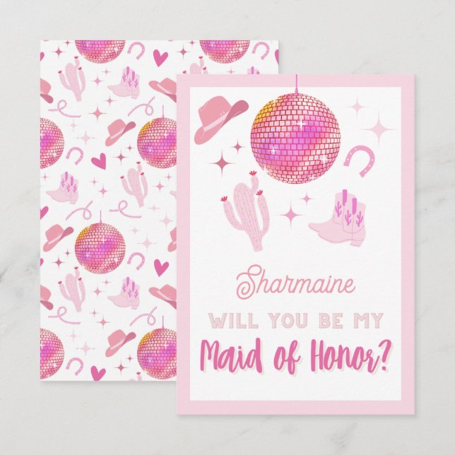 Cute Pink Disco Cowgirl Rodeo Be my Maid of Honour Enclosure Card (Front/Back)