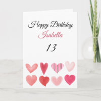 Cute Pink Diverse Watercolor Hearts 13th Birthday