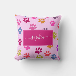 Cute Pink Dog and Cat Lovers Paw Prints Name Cushion