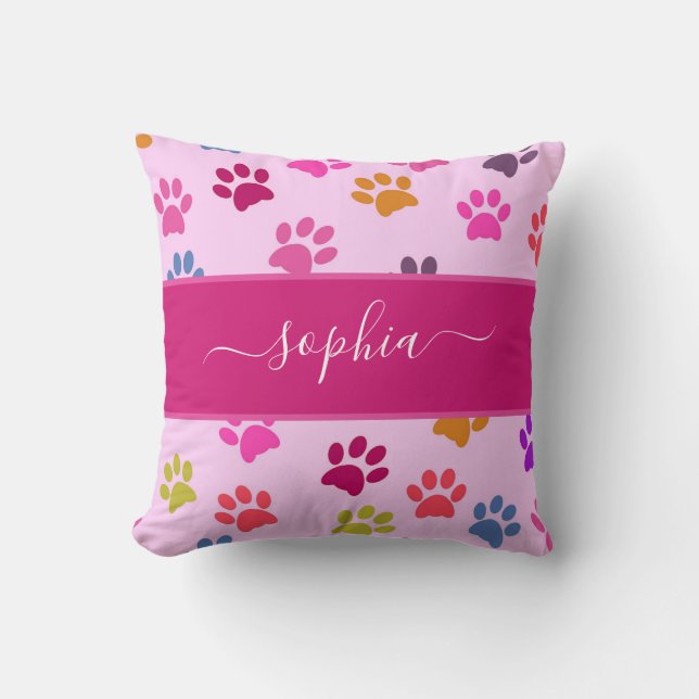 Cute Pink Dog and Cat Lovers Paw Prints Name Throw Cushion (Front)