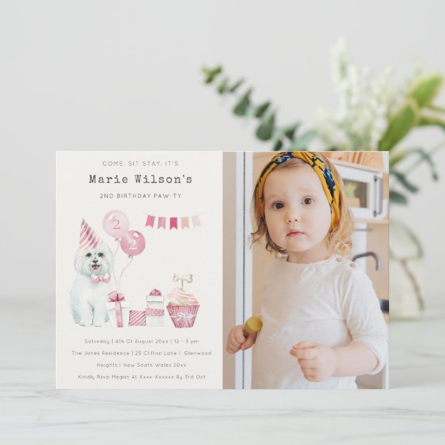 Cute Pink Dog Any Age Birthday Photo Party Invite  (Standing Front)