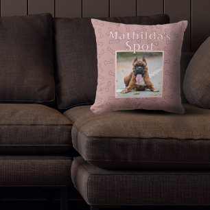 Cute Pink Dog Custom Pet Photo Name Bones Cushion