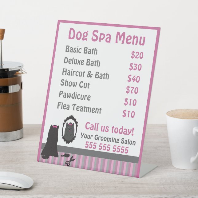 Cute Pink Dog Grooming Spa Menu Pedestal Sign (In SItu)