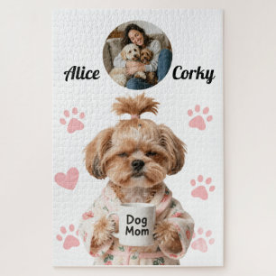 Cute Pink Dog Mum Photo Name Jigsaw Puzzle