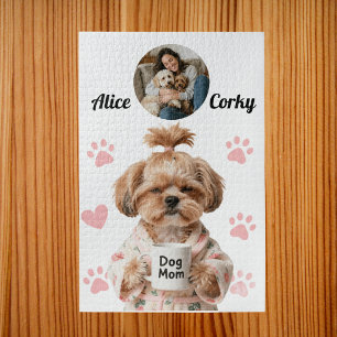 Cute Pink Dog Mum Photo Name Jigsaw Puzzle